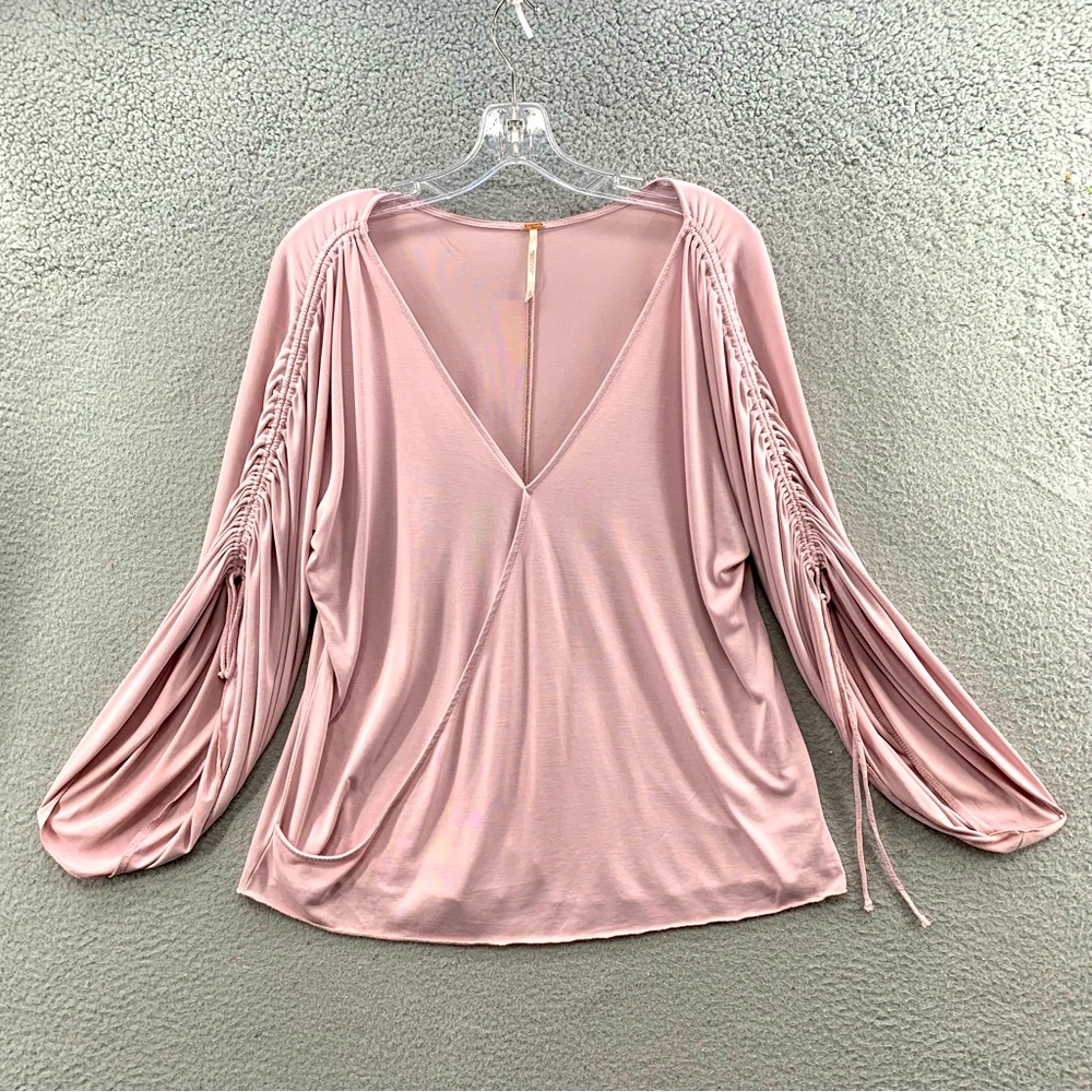 Free People Women's S Faux Wrap V-Neck Tie Sleeve Preppy Pink Mauve Blouse Top